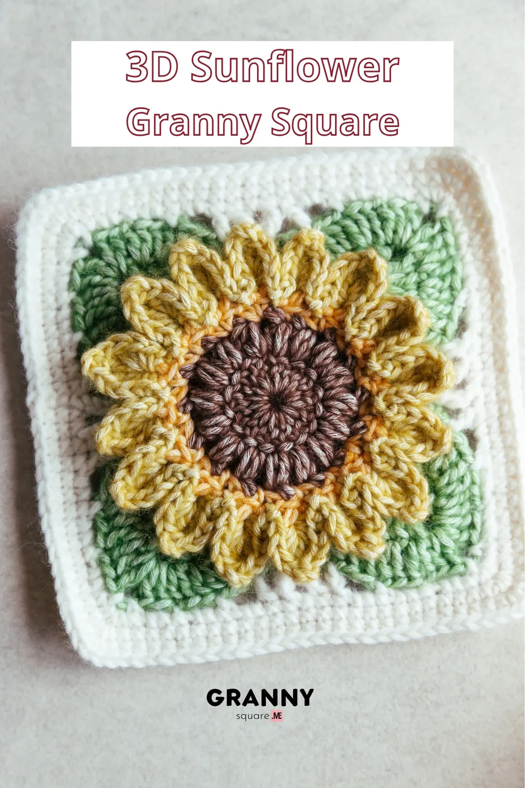 3D sunflower granny square — original pattern pin