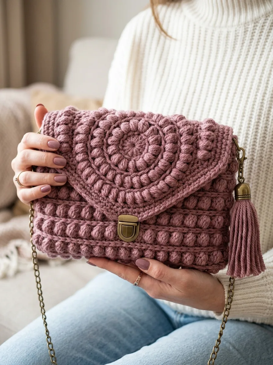Dusty Rose Puff Stitch Envelope Bag Crochet Pattern — photo 2