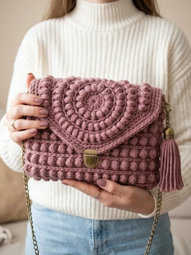 Dusty Rose Puff Stitch Envelope Bag Crochet Pattern — photo 3