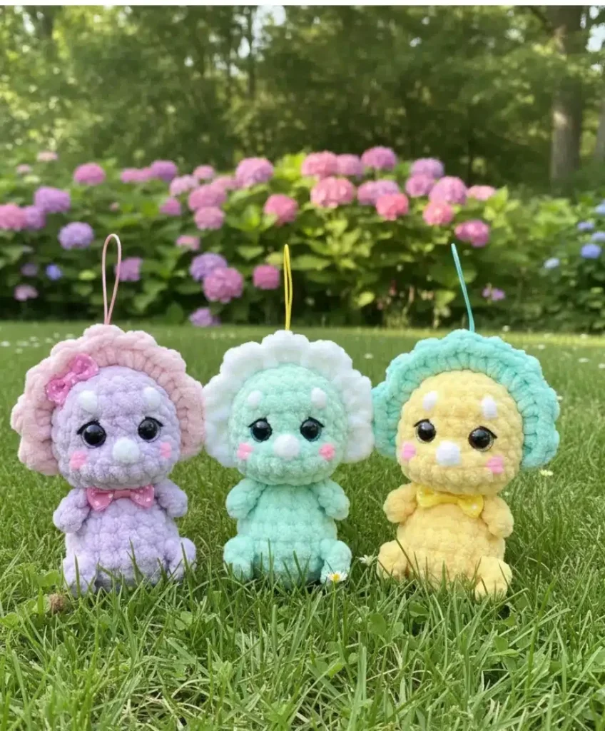 Little dinosaur keychain crochet pattern with horns and collar