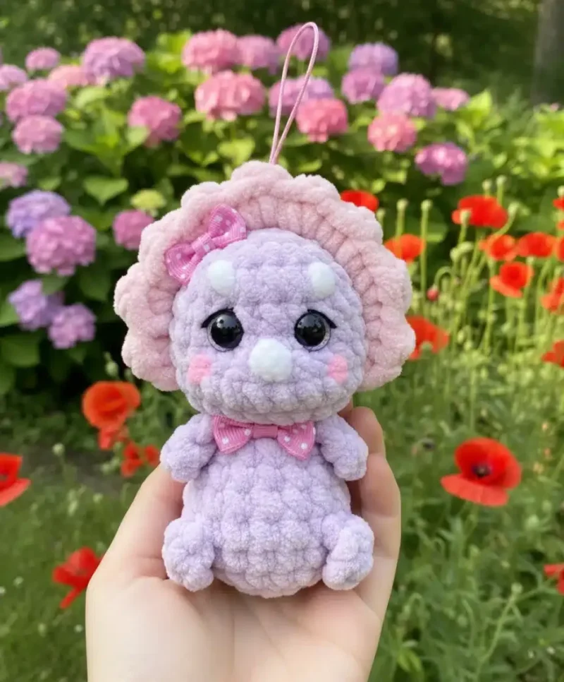 Little dinosaur keychain crochet pattern with horns and collar — photo 2