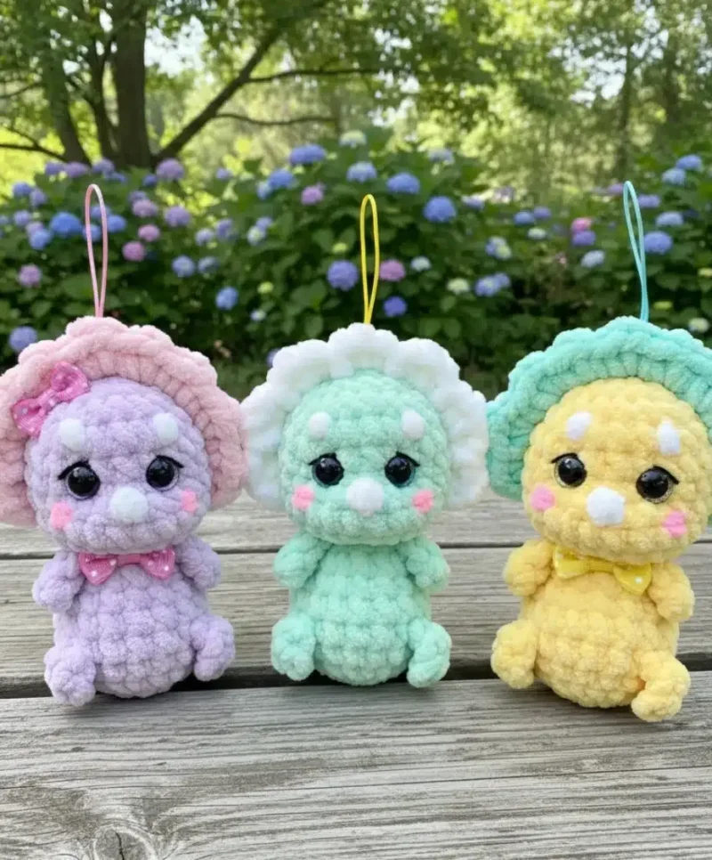Little dinosaur keychain crochet pattern with horns and collar — photo 3