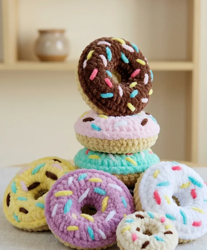 Amigurumi donut crochet pattern with two glazed halves
