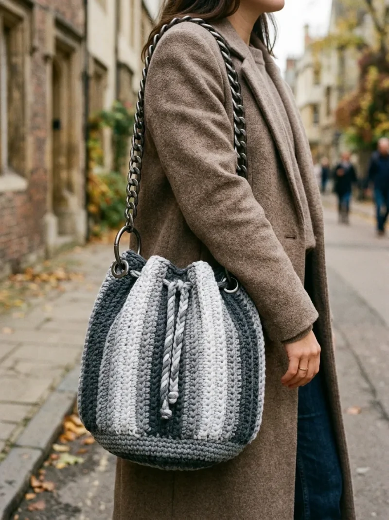 Monochrome Gray Drawstring Bucket Bag Crochet Pattern — photo 2