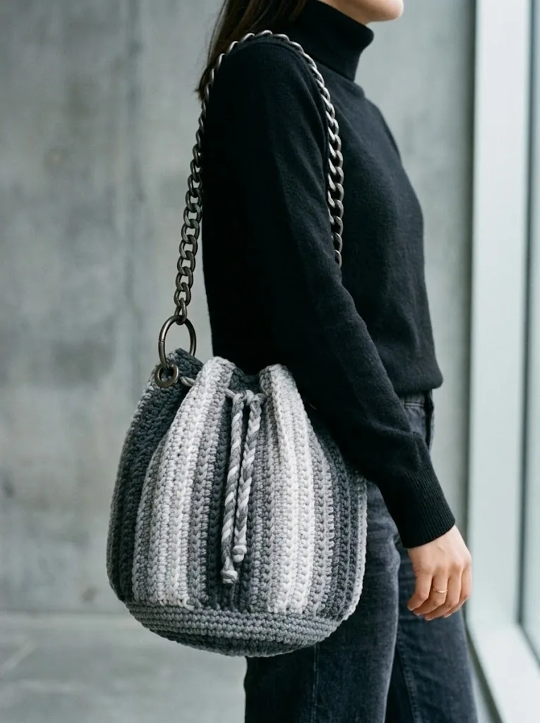 Monochrome Gray Drawstring Bucket Bag Crochet Pattern — photo 3