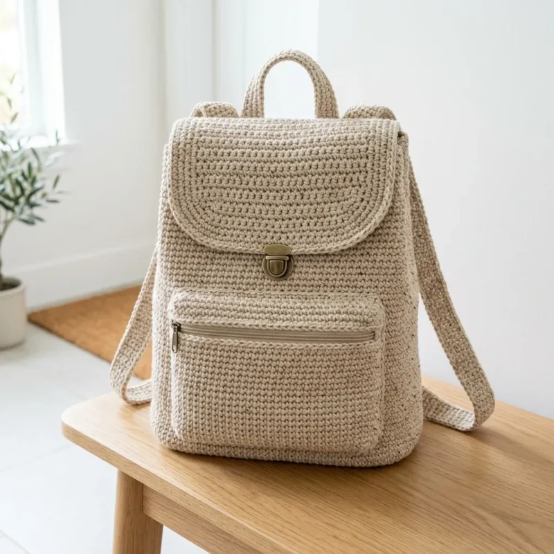 Oatmeal chunky crochet backpack for everyday carrying — photo 2