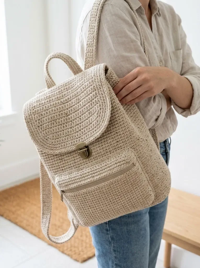 Oatmeal chunky crochet backpack for everyday carrying — photo 3