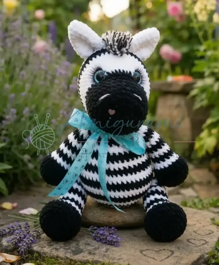 Crochet zebra amigurumi with striped legs and ears